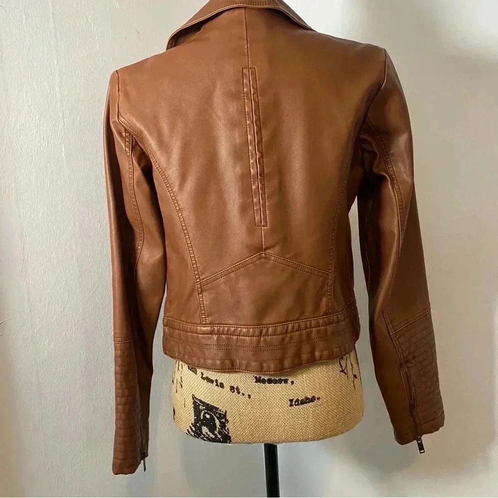 Tan Faux Leather Bomber Jacket Women’s Extra Small - Picture 5 of 7